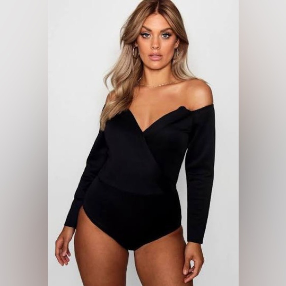Boohoo Black Off Shoulder Bodysuit Long Sleeve Going Out Size 18